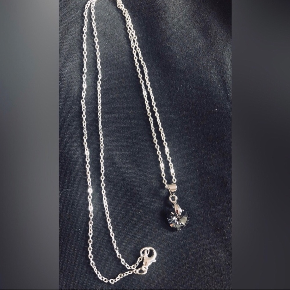Silver Chain Necklace with Black Crystal Pendant